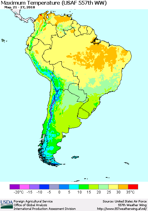 South America Mean Maximum Temperature (USAF 557th WW) Thematic Map For 5/21/2018 - 5/27/2018