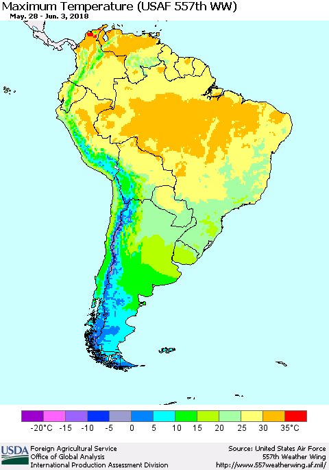 South America Mean Maximum Temperature (USAF 557th WW) Thematic Map For 5/28/2018 - 6/3/2018