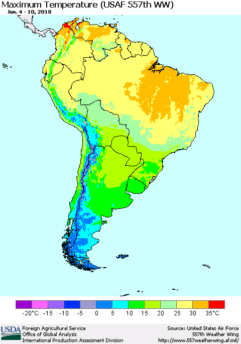 South America Mean Maximum Temperature (USAF 557th WW) Thematic Map For 6/4/2018 - 6/10/2018