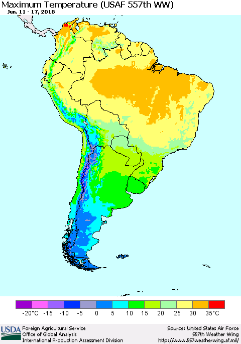 South America Mean Maximum Temperature (USAF 557th WW) Thematic Map For 6/11/2018 - 6/17/2018