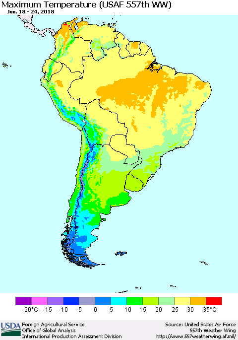 South America Mean Maximum Temperature (USAF 557th WW) Thematic Map For 6/18/2018 - 6/24/2018