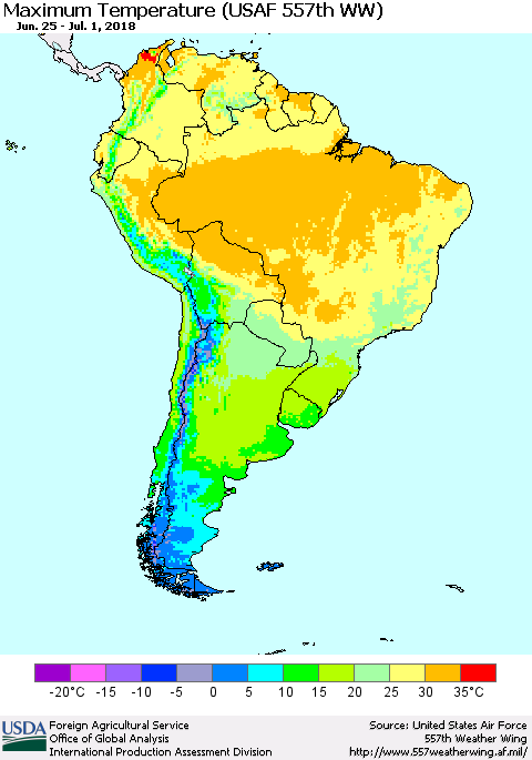 South America Mean Maximum Temperature (USAF 557th WW) Thematic Map For 6/25/2018 - 7/1/2018