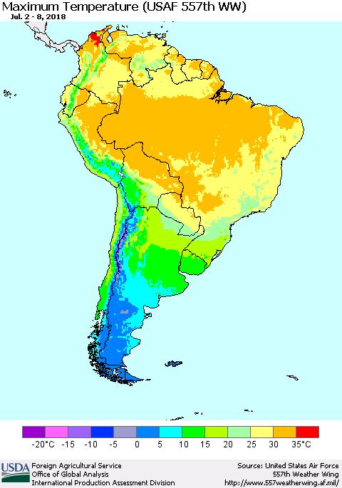 South America Mean Maximum Temperature (USAF 557th WW) Thematic Map For 7/2/2018 - 7/8/2018