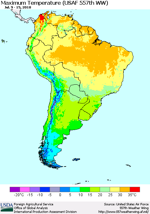 South America Mean Maximum Temperature (USAF 557th WW) Thematic Map For 7/9/2018 - 7/15/2018