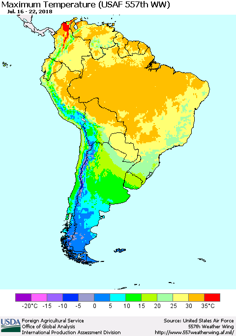 South America Mean Maximum Temperature (USAF 557th WW) Thematic Map For 7/16/2018 - 7/22/2018