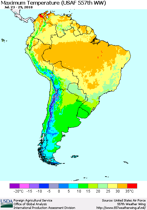 South America Mean Maximum Temperature (USAF 557th WW) Thematic Map For 7/23/2018 - 7/29/2018