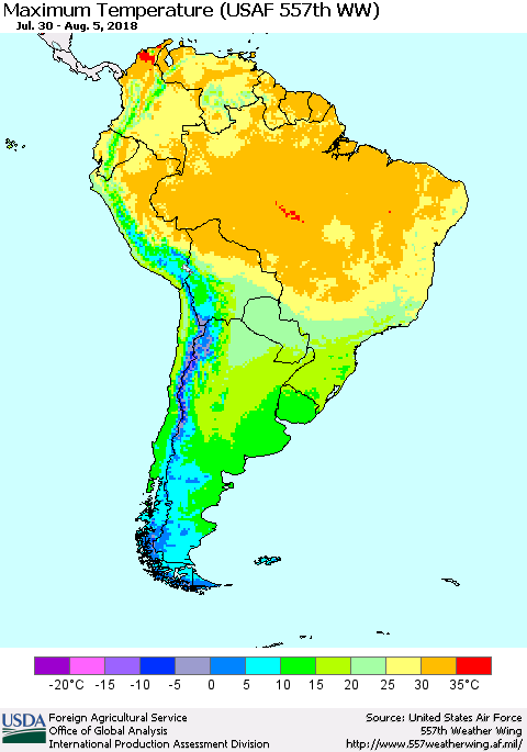 South America Mean Maximum Temperature (USAF 557th WW) Thematic Map For 7/30/2018 - 8/5/2018