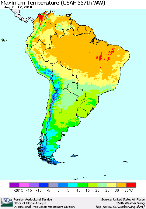 South America Mean Maximum Temperature (USAF 557th WW) Thematic Map For 8/6/2018 - 8/12/2018