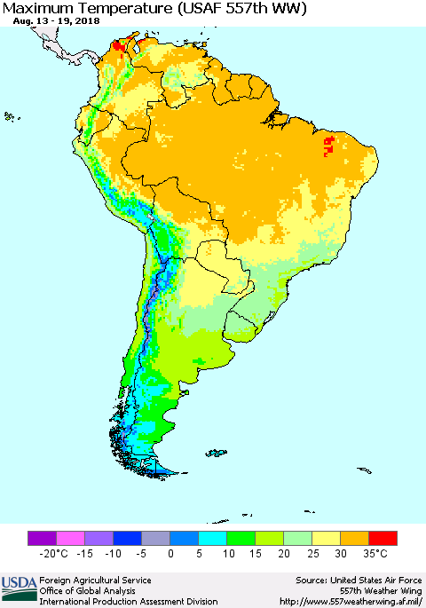 South America Mean Maximum Temperature (USAF 557th WW) Thematic Map For 8/13/2018 - 8/19/2018