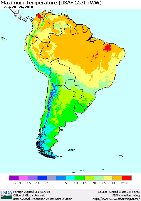South America Mean Maximum Temperature (USAF 557th WW) Thematic Map For 8/20/2018 - 8/26/2018