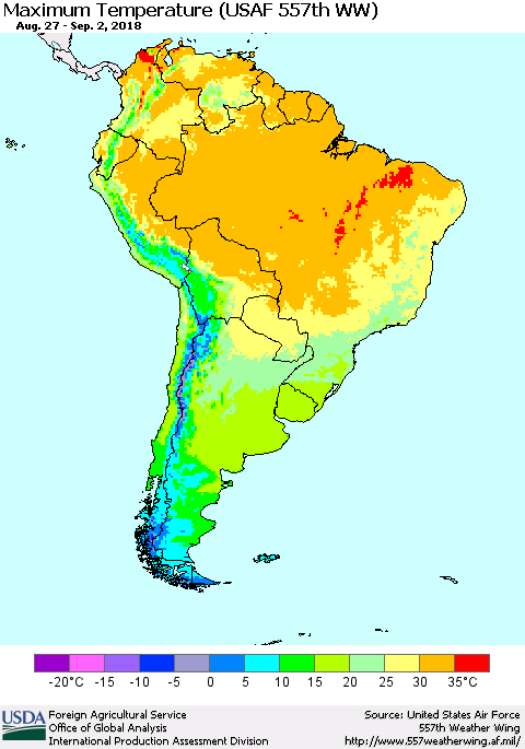 South America Mean Maximum Temperature (USAF 557th WW) Thematic Map For 8/27/2018 - 9/2/2018