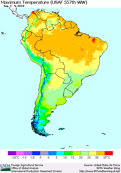 South America Mean Maximum Temperature (USAF 557th WW) Thematic Map For 9/3/2018 - 9/9/2018