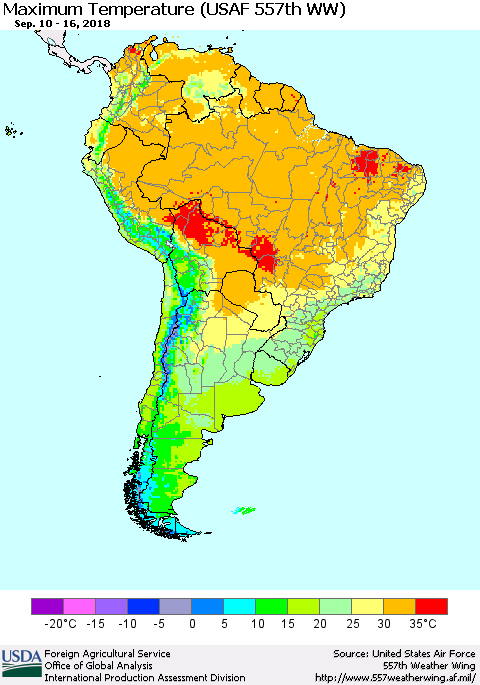 South America Mean Maximum Temperature (USAF 557th WW) Thematic Map For 9/10/2018 - 9/16/2018