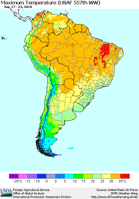 South America Mean Maximum Temperature (USAF 557th WW) Thematic Map For 9/17/2018 - 9/23/2018