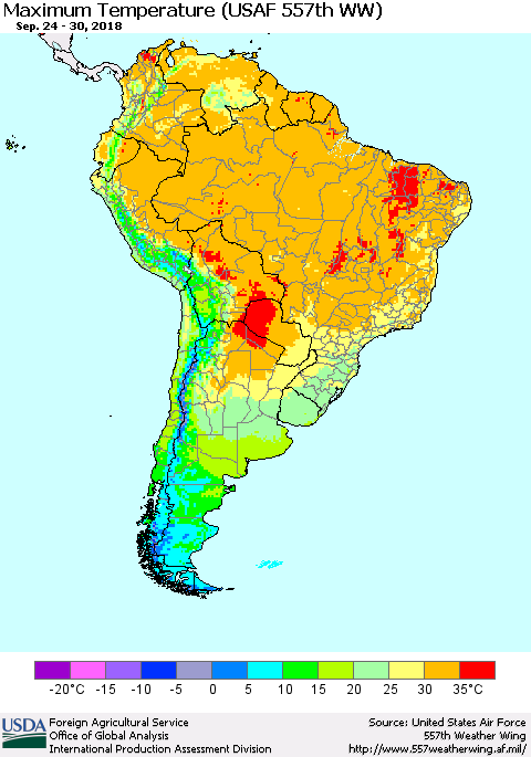 South America Mean Maximum Temperature (USAF 557th WW) Thematic Map For 9/24/2018 - 9/30/2018