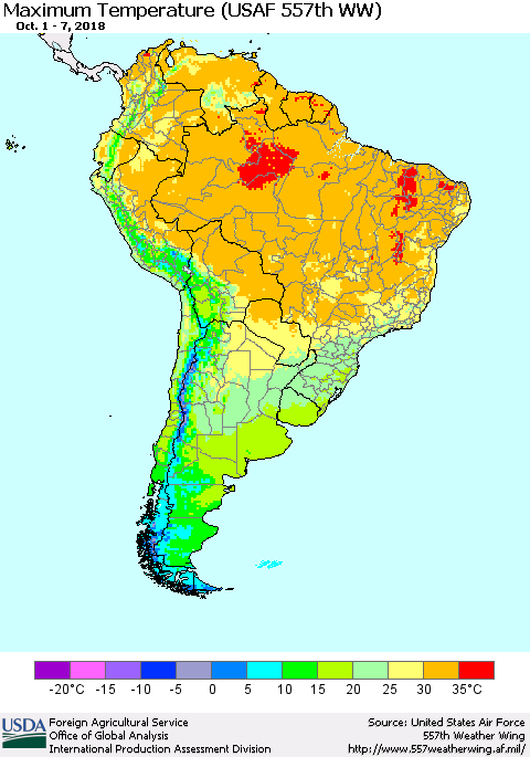 South America Mean Maximum Temperature (USAF 557th WW) Thematic Map For 10/1/2018 - 10/7/2018