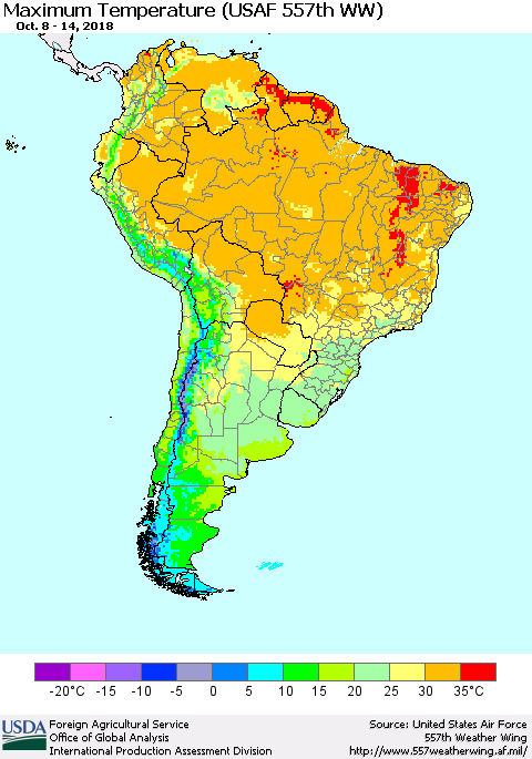 South America Mean Maximum Temperature (USAF 557th WW) Thematic Map For 10/8/2018 - 10/14/2018