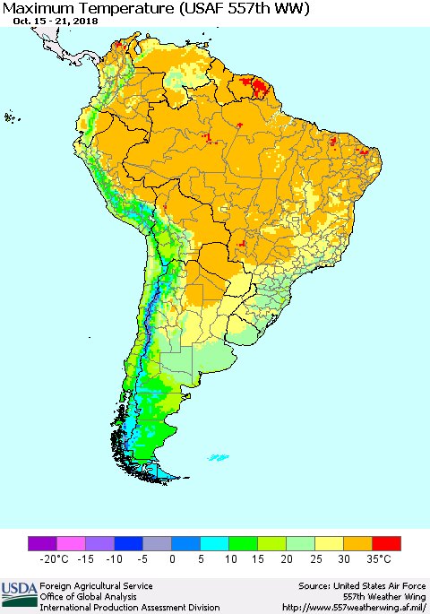 South America Mean Maximum Temperature (USAF 557th WW) Thematic Map For 10/15/2018 - 10/21/2018