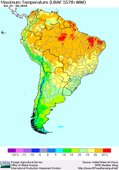 South America Mean Maximum Temperature (USAF 557th WW) Thematic Map For 10/22/2018 - 10/28/2018