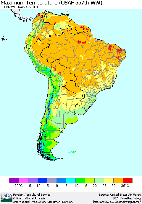 South America Mean Maximum Temperature (USAF 557th WW) Thematic Map For 10/29/2018 - 11/4/2018