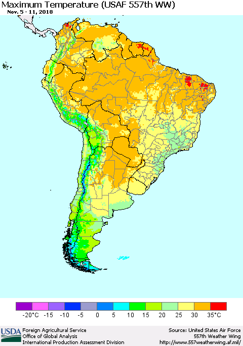 South America Mean Maximum Temperature (USAF 557th WW) Thematic Map For 11/5/2018 - 11/11/2018