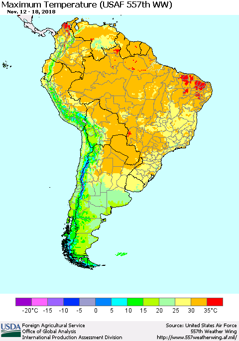 South America Mean Maximum Temperature (USAF 557th WW) Thematic Map For 11/12/2018 - 11/18/2018