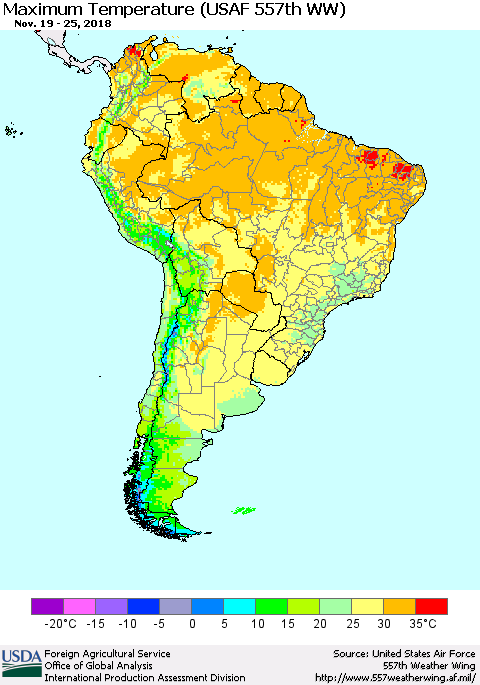 South America Mean Maximum Temperature (USAF 557th WW) Thematic Map For 11/19/2018 - 11/25/2018