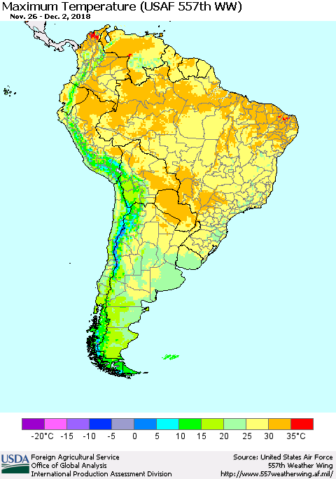 South America Mean Maximum Temperature (USAF 557th WW) Thematic Map For 11/26/2018 - 12/2/2018