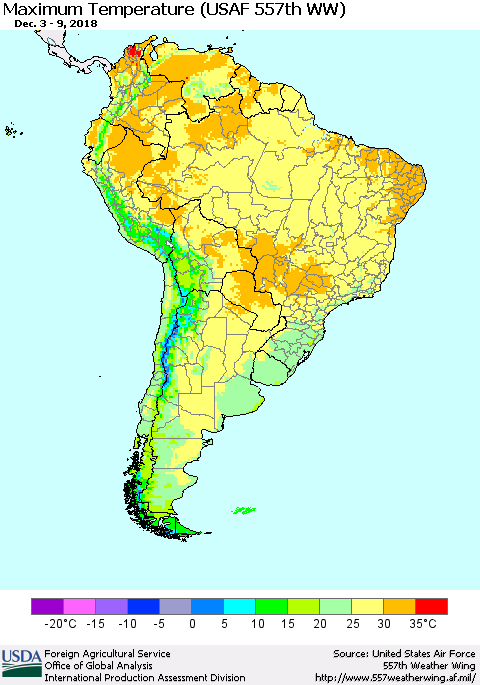 South America Mean Maximum Temperature (USAF 557th WW) Thematic Map For 12/3/2018 - 12/9/2018