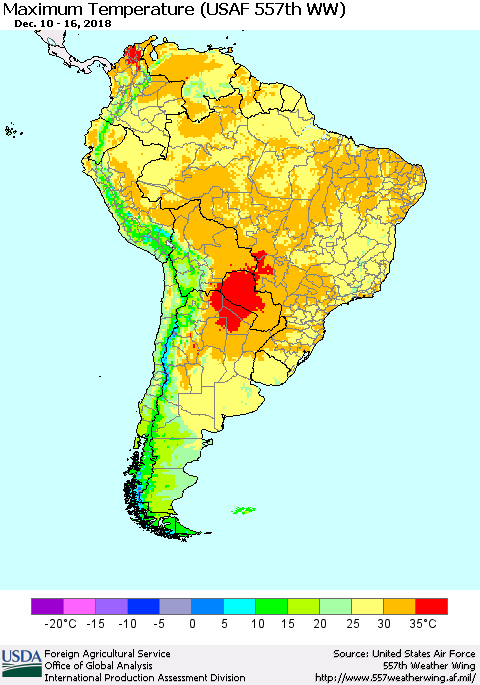 South America Mean Maximum Temperature (USAF 557th WW) Thematic Map For 12/10/2018 - 12/16/2018