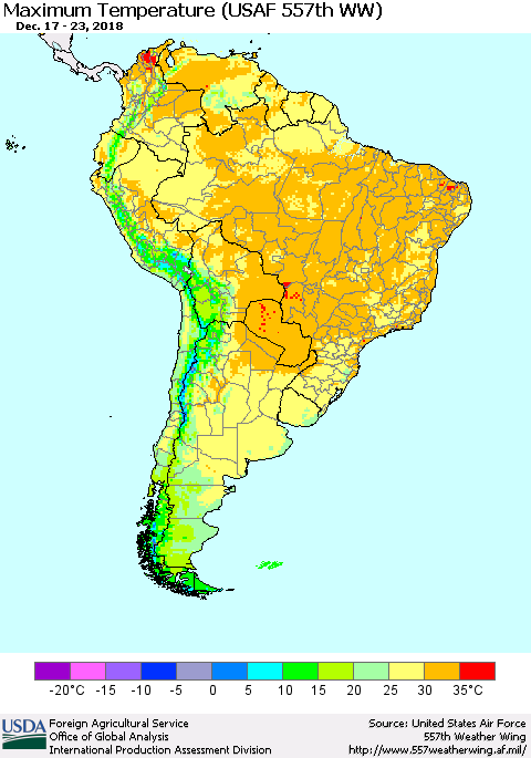 South America Mean Maximum Temperature (USAF 557th WW) Thematic Map For 12/17/2018 - 12/23/2018
