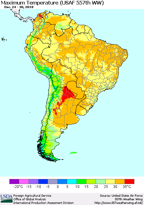 South America Mean Maximum Temperature (USAF 557th WW) Thematic Map For 12/24/2018 - 12/30/2018