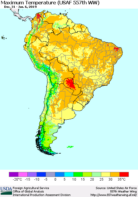 South America Mean Maximum Temperature (USAF 557th WW) Thematic Map For 12/31/2018 - 1/6/2019