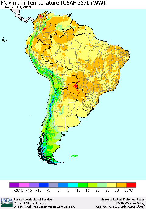 South America Mean Maximum Temperature (USAF 557th WW) Thematic Map For 1/7/2019 - 1/13/2019