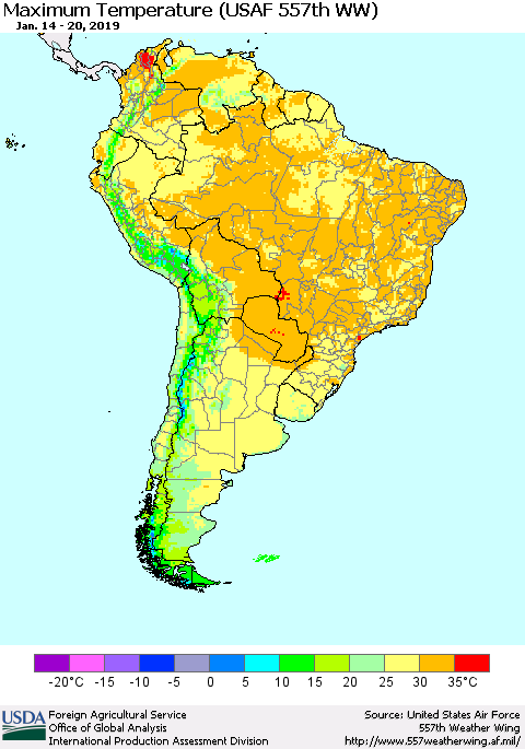 South America Mean Maximum Temperature (USAF 557th WW) Thematic Map For 1/14/2019 - 1/20/2019