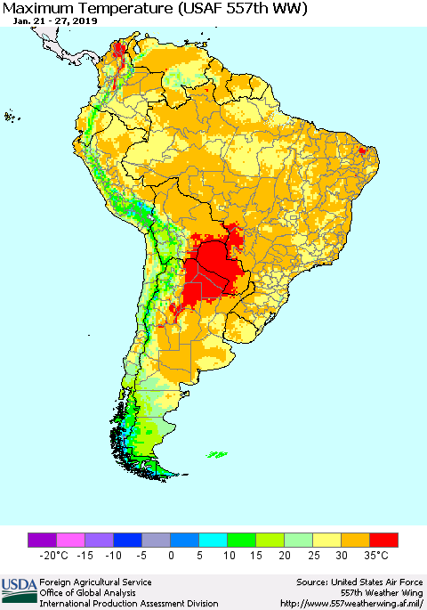 South America Mean Maximum Temperature (USAF 557th WW) Thematic Map For 1/21/2019 - 1/27/2019