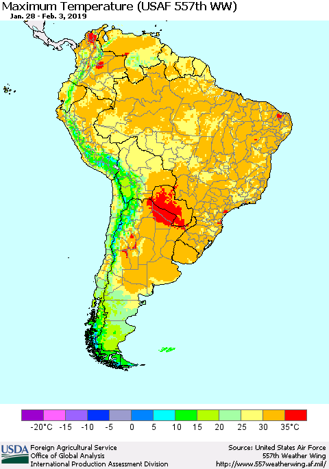 South America Mean Maximum Temperature (USAF 557th WW) Thematic Map For 1/28/2019 - 2/3/2019