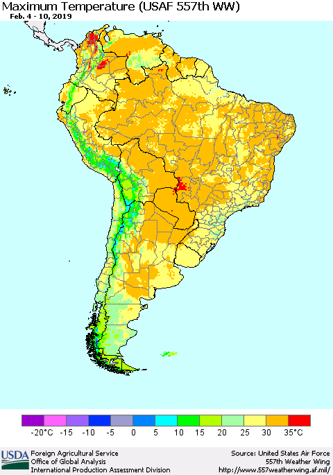 South America Mean Maximum Temperature (USAF 557th WW) Thematic Map For 2/4/2019 - 2/10/2019