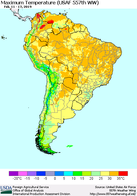 South America Mean Maximum Temperature (USAF 557th WW) Thematic Map For 2/11/2019 - 2/17/2019