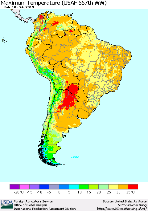 South America Mean Maximum Temperature (USAF 557th WW) Thematic Map For 2/18/2019 - 2/24/2019