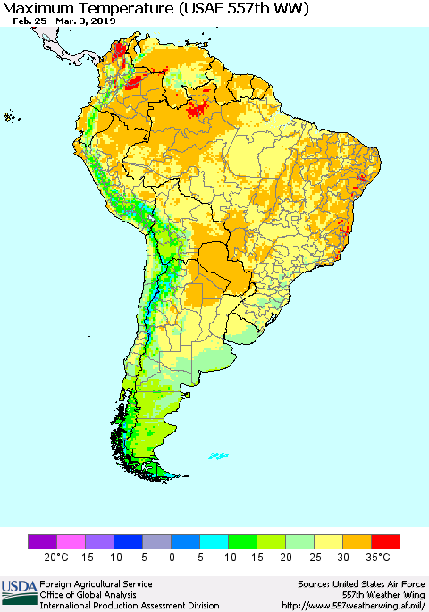 South America Mean Maximum Temperature (USAF 557th WW) Thematic Map For 2/25/2019 - 3/3/2019