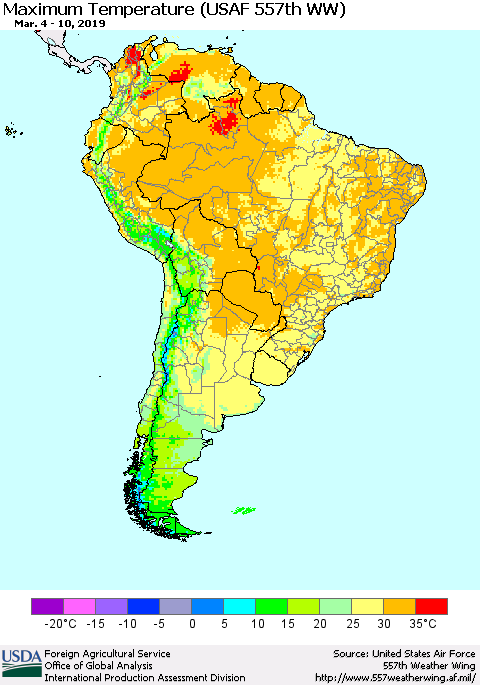 South America Mean Maximum Temperature (USAF 557th WW) Thematic Map For 3/4/2019 - 3/10/2019