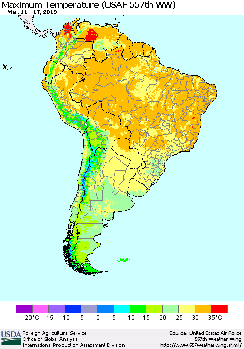 South America Mean Maximum Temperature (USAF 557th WW) Thematic Map For 3/11/2019 - 3/17/2019