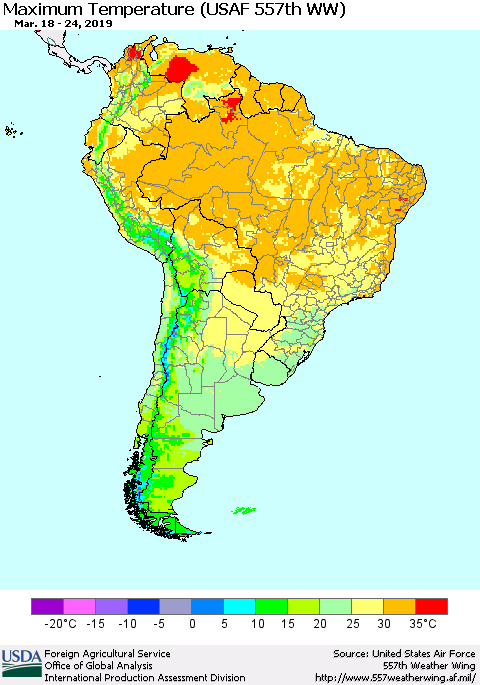 South America Mean Maximum Temperature (USAF 557th WW) Thematic Map For 3/18/2019 - 3/24/2019
