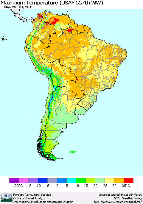 South America Mean Maximum Temperature (USAF 557th WW) Thematic Map For 3/25/2019 - 3/31/2019