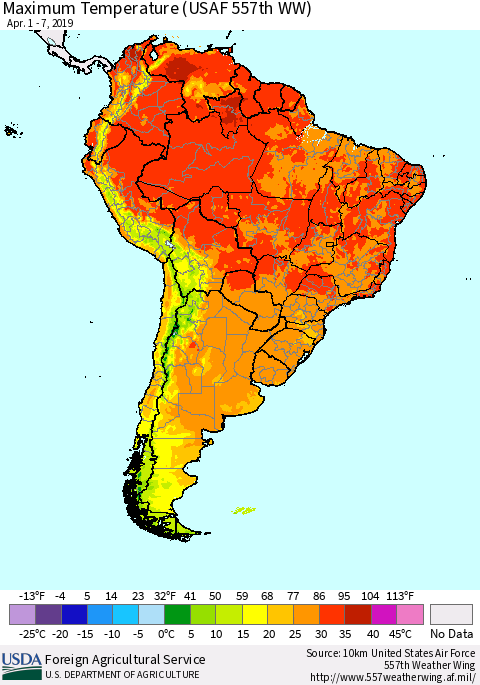 South America Mean Maximum Temperature (USAF 557th WW) Thematic Map For 4/1/2019 - 4/7/2019
