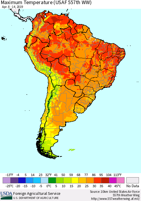 South America Mean Maximum Temperature (USAF 557th WW) Thematic Map For 4/8/2019 - 4/14/2019