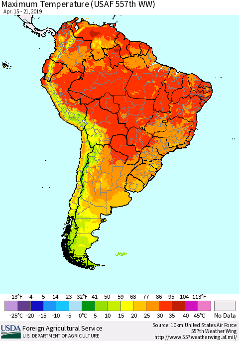 South America Mean Maximum Temperature (USAF 557th WW) Thematic Map For 4/15/2019 - 4/21/2019