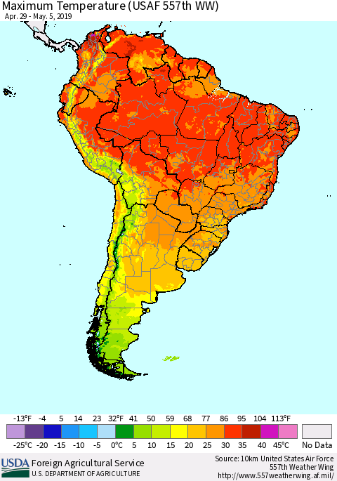 South America Mean Maximum Temperature (USAF 557th WW) Thematic Map For 4/29/2019 - 5/5/2019