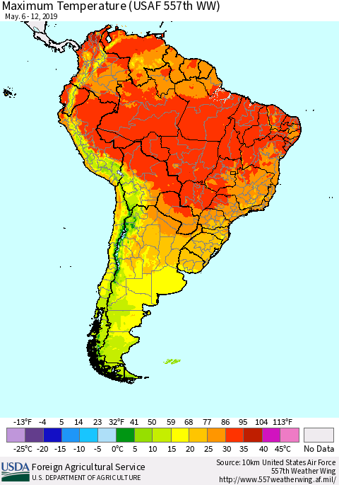 South America Mean Maximum Temperature (USAF 557th WW) Thematic Map For 5/6/2019 - 5/12/2019